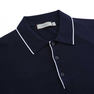 Canali 3 Button Knitted Polo in Navy Placket