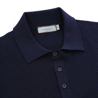 Canali Weave Front Knitted Polo in Navy Collar