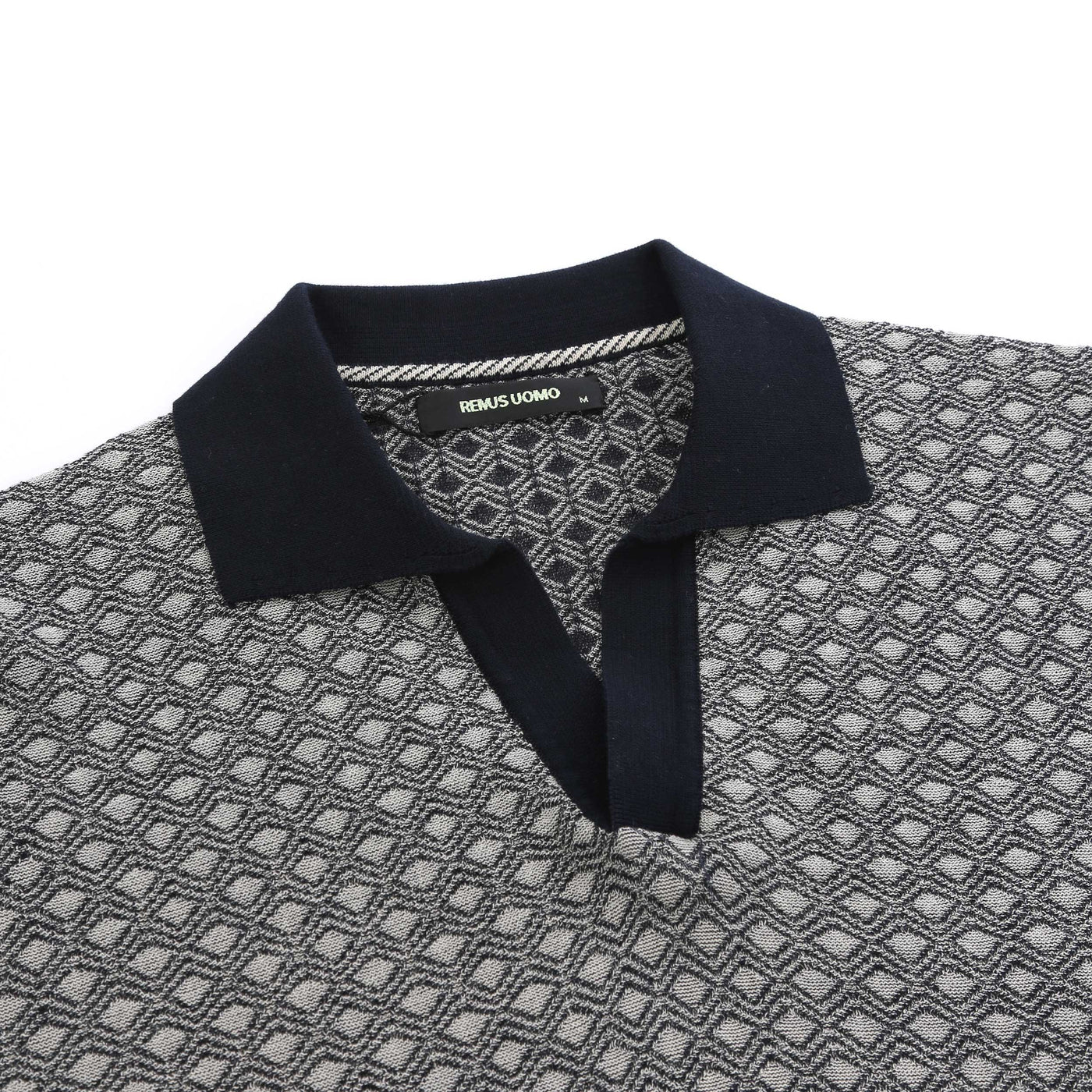 Remus Uomo Open Collar Jacquard Polo Shirt in Navy & Beige Collar
