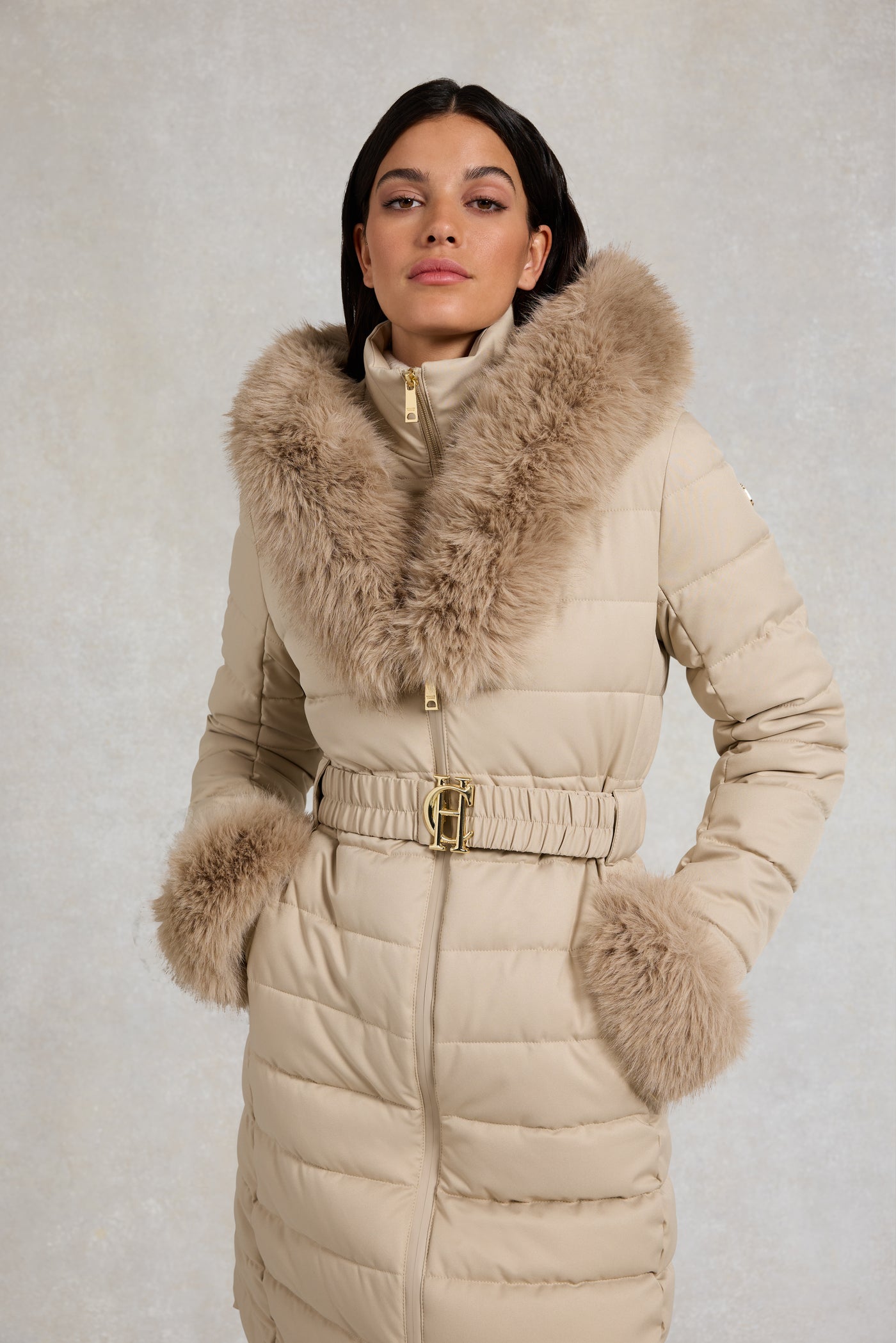 Holland Cooper Vostock Belted Coat in Stone