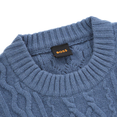BOSS Kableto Knitwear in Open Blue Neck