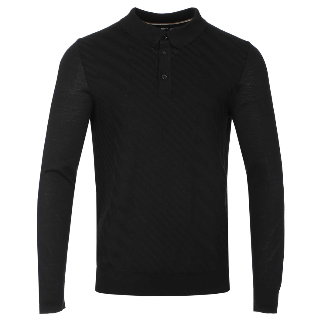 BOSS Padori Long Sleeve Knitted Polo Shirt in Black I BOSS I