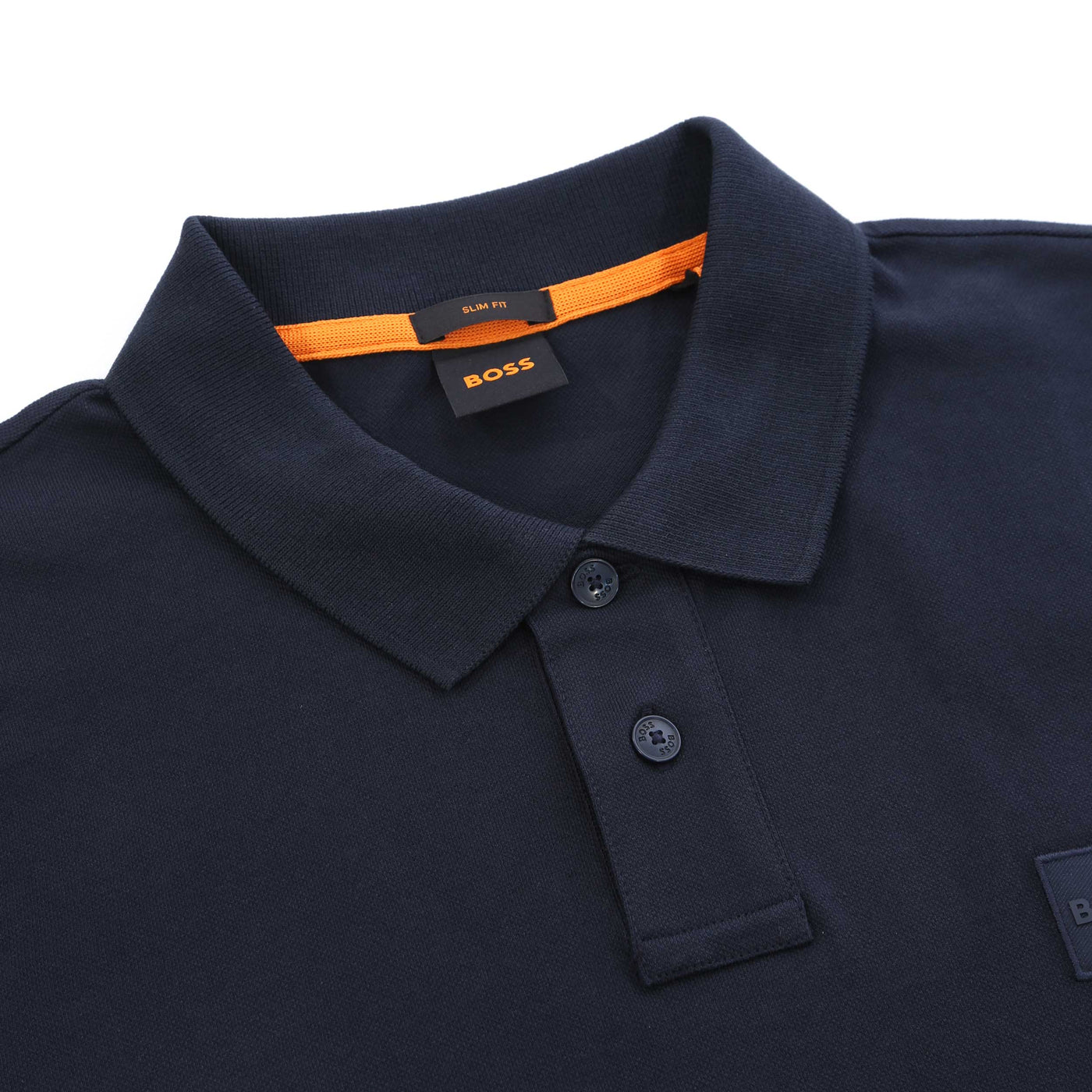 BOSS Passerby Long Sleeve Polo Shirt in Navy Collar