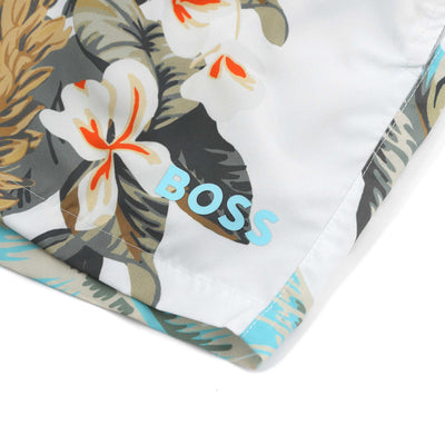 BOSS Rally Swim Short in White Floral Print Logo