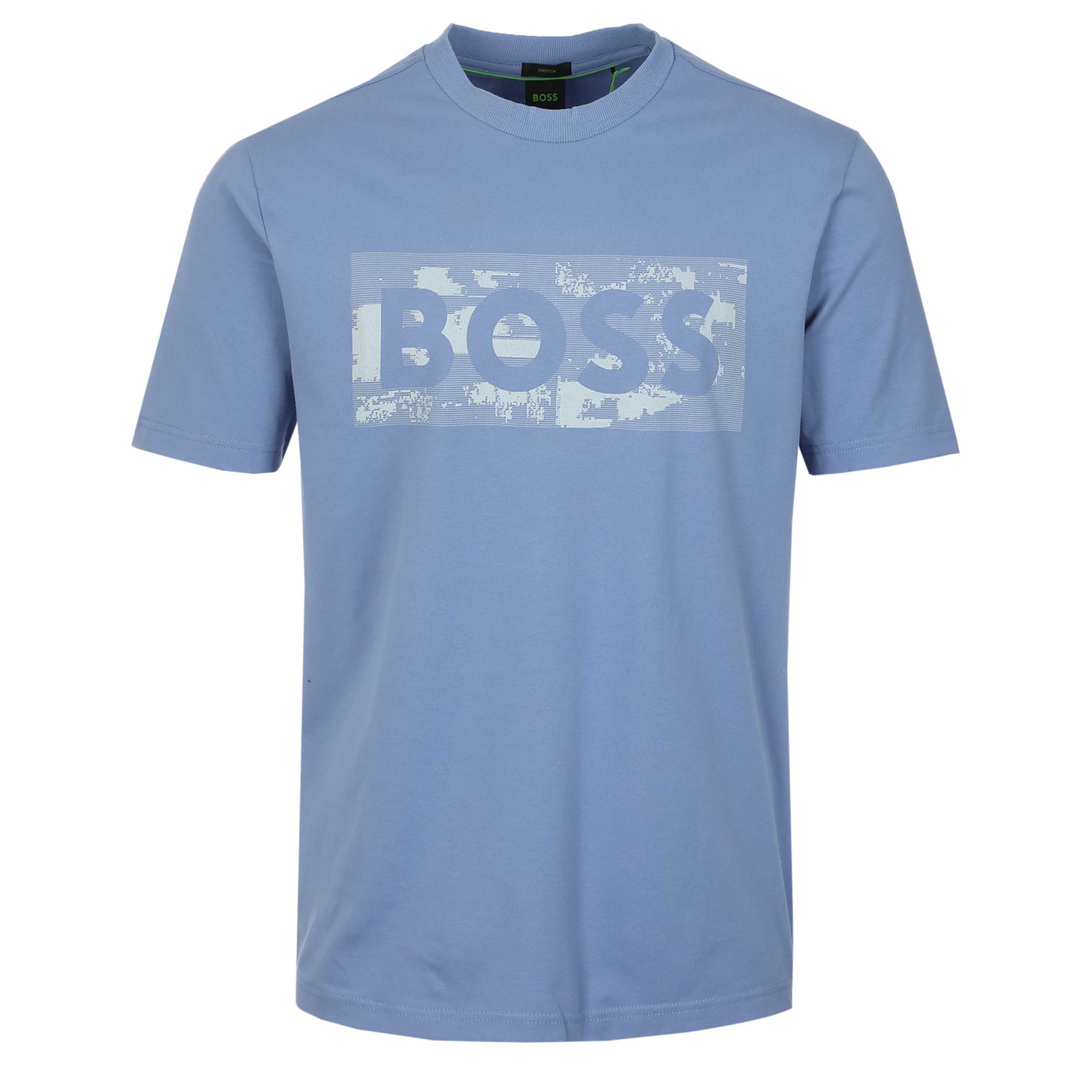 BOSS TS Globe LogoPattern T Shirt in Light Pastel Blue