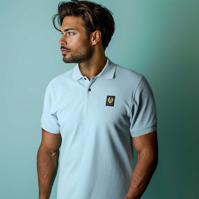 Belstaff Classic Short Sleeve Polo Shirt in Skyline Blue Model