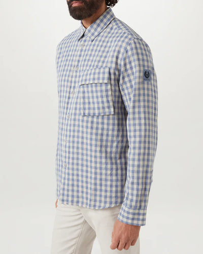 Belstaff Scale Linen Shirt in Blue Flint & Stone Beige Model