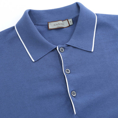 Canali 3 Button Knitted Polo in Blue Placket