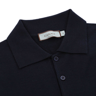 Canali 3 Button Knitted Polo in Navy Collar