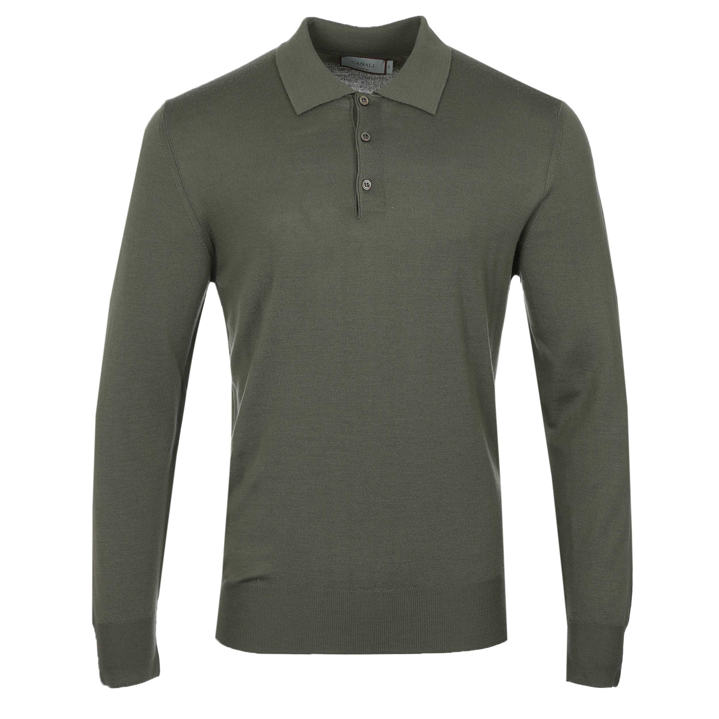 Canali 3 Button Knitted Polo in Olive Green