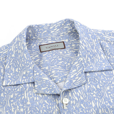 Canali Floral Print Short Sleeve Shirt in Sky Blue Collar