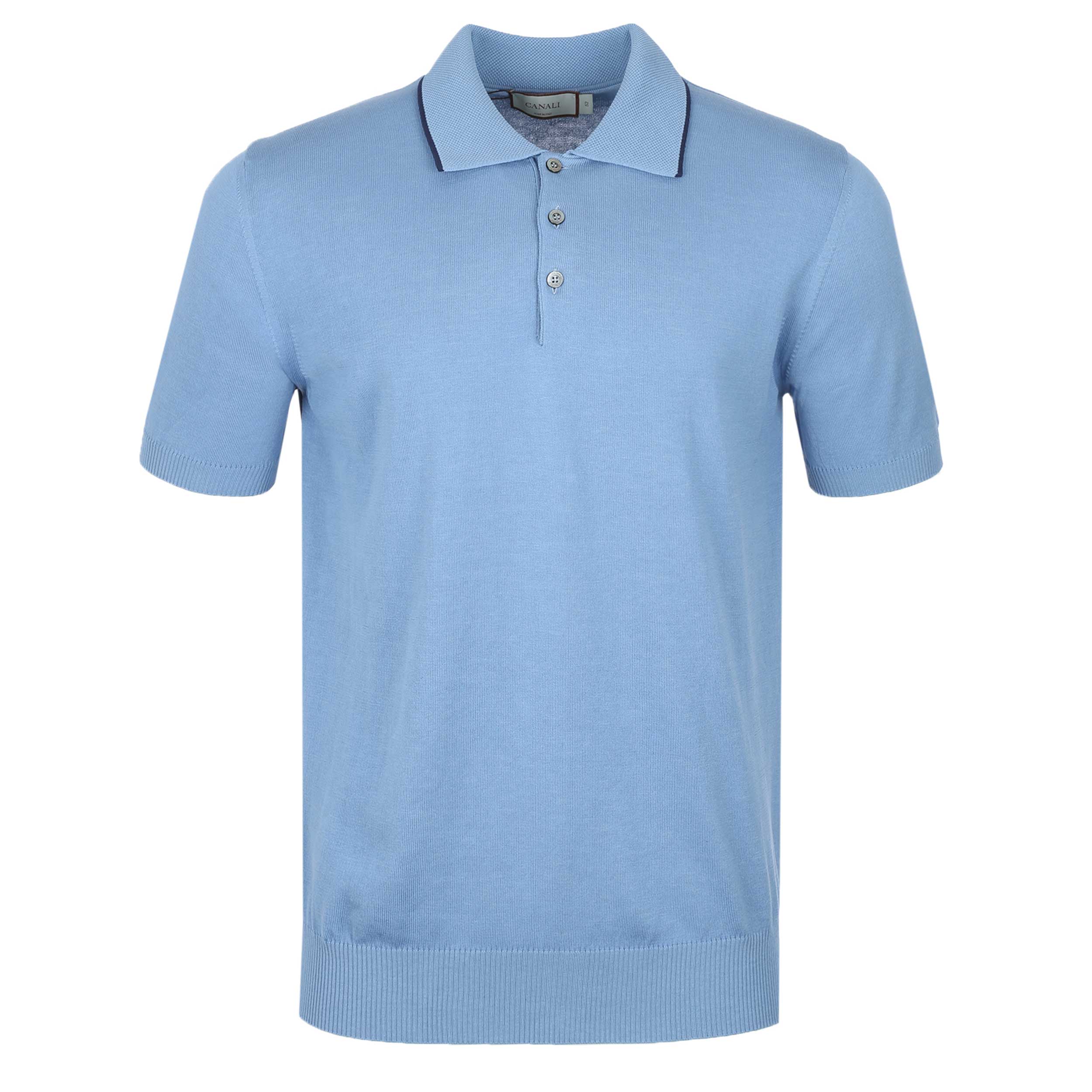 Blue Button Polyb Canali Knitted 3 Button Polo Shirt in Light Blue | Canali | Norton Barrie