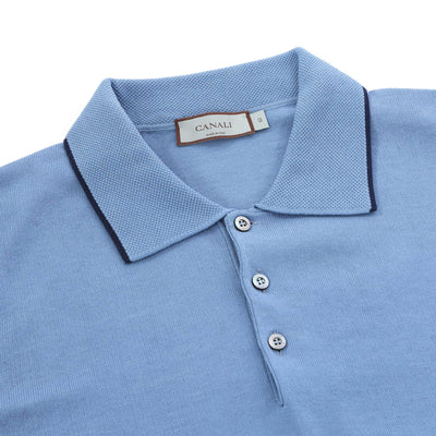 Canali Knitted 3 Button Polo Shirt in Light Blue