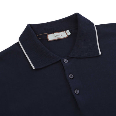 Canali Knitted 3 Button Polo Shirt in Navy Trim