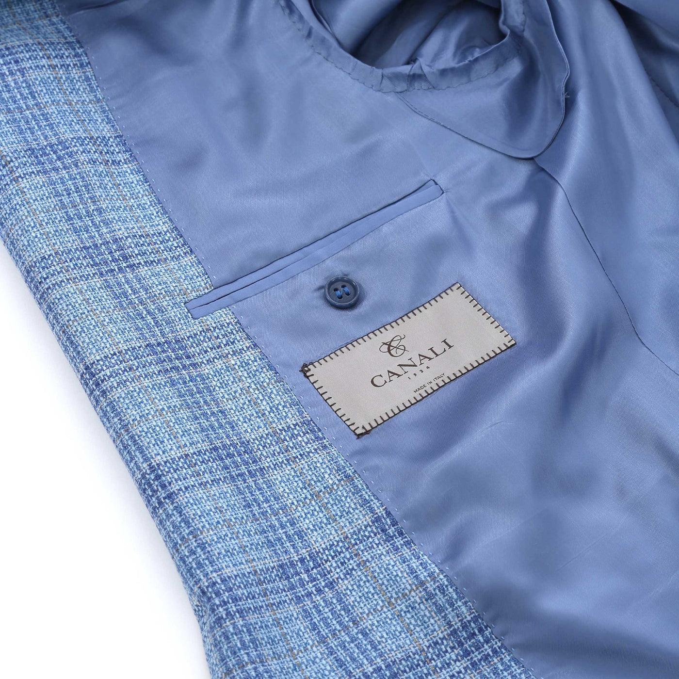 Canali Notch Lapel Milano Jacket in Sky Blue Check Inside Detail