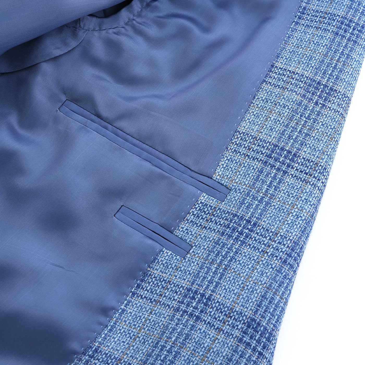 Canali Notch Lapel Milano Jacket in Sky Blue Check Inside Pocket