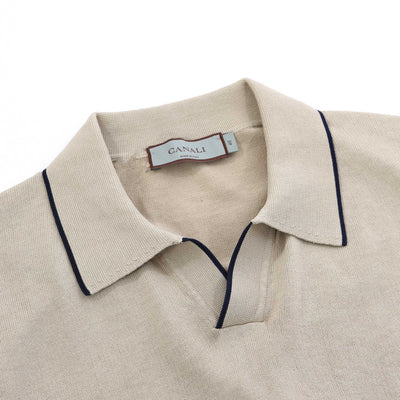 Canali Open Neck Knitted Polo in Beige Collar