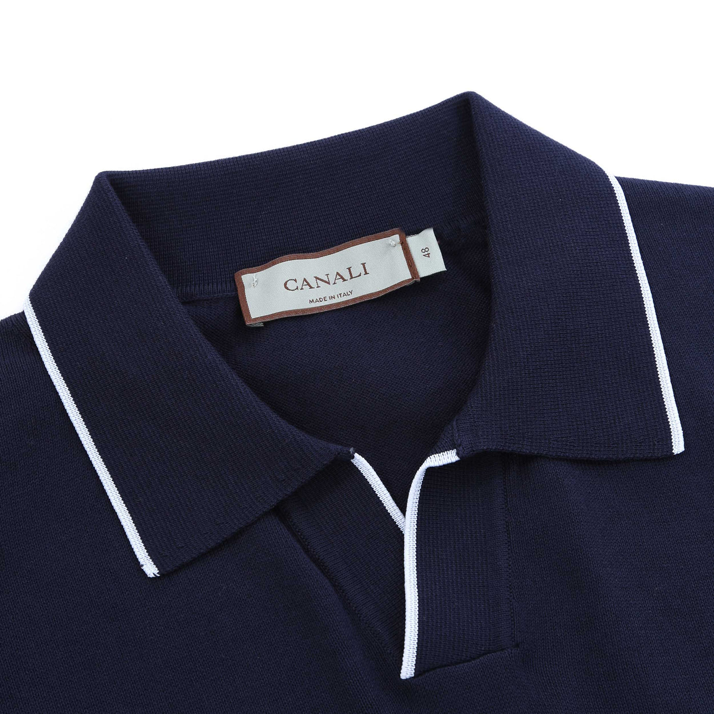 Canali Open Neck Knitted Polo in Navy Placket