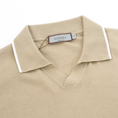 Canali Skipper Collar Knitted Polo in Beige Placket