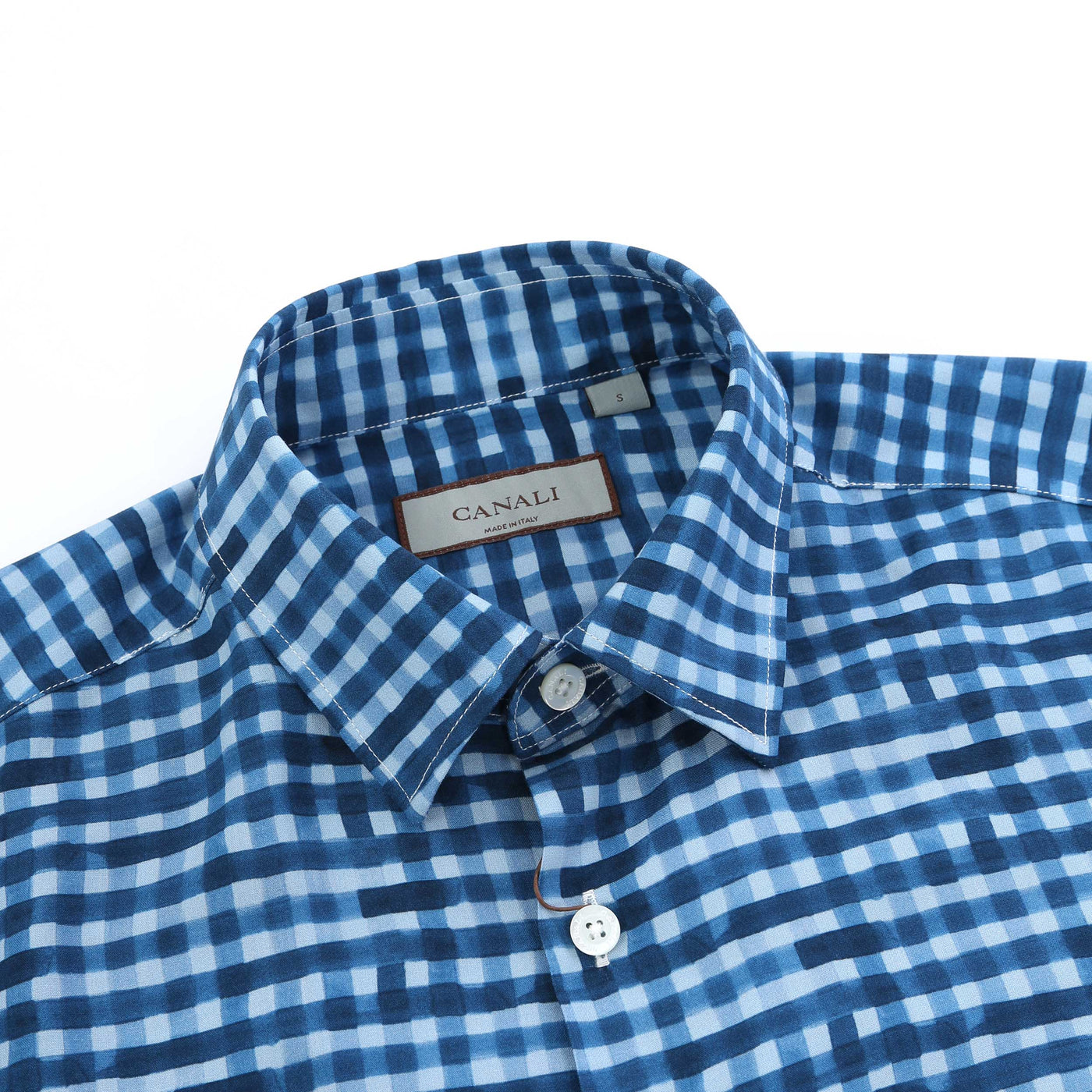 Canali Small Check Print SS Shirt in Blue Print Collar