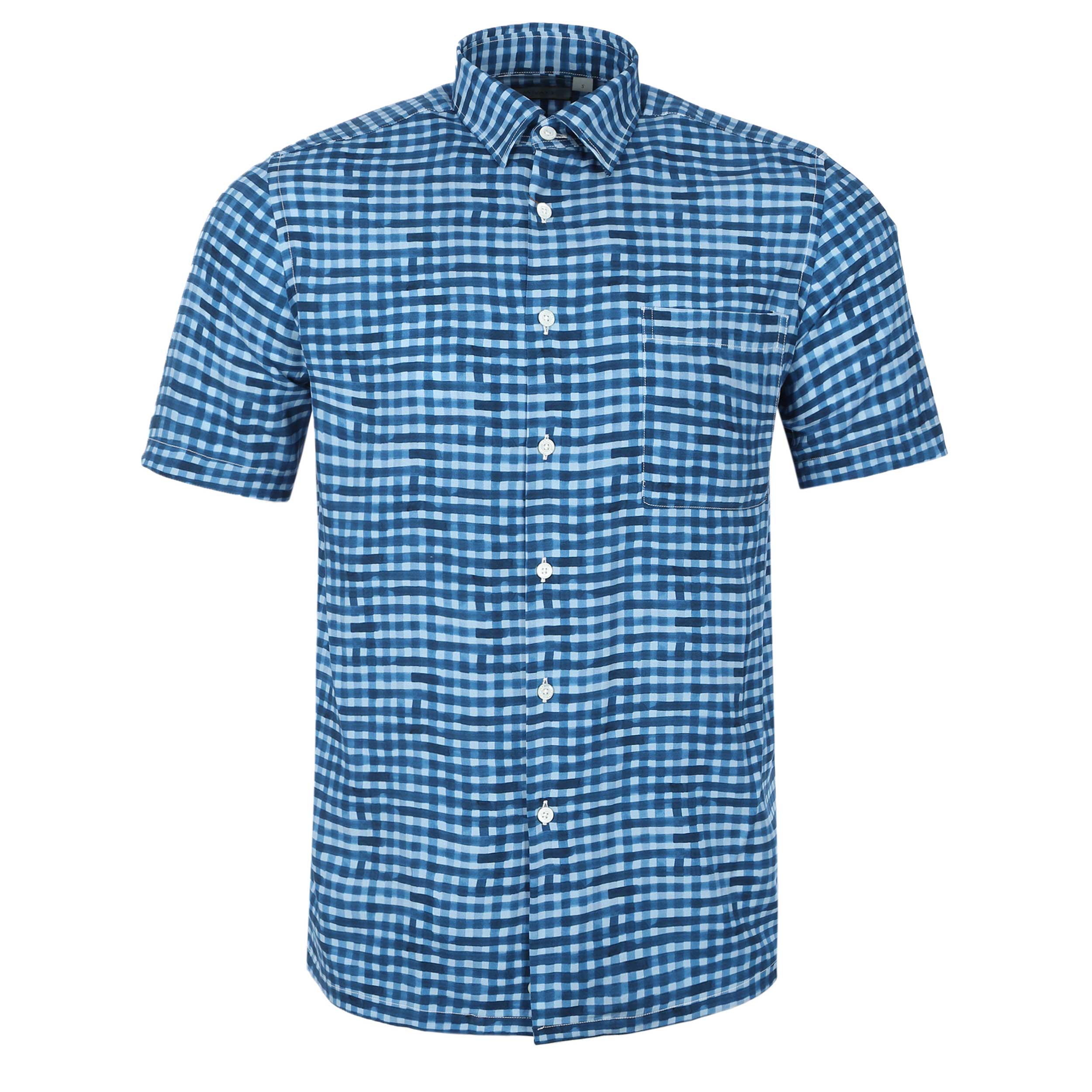 Canali Small Check Print SS Shirt in Blue Print