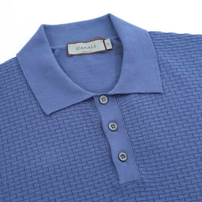 Canali Weave Front Knitted Polo in Light Blue Collar