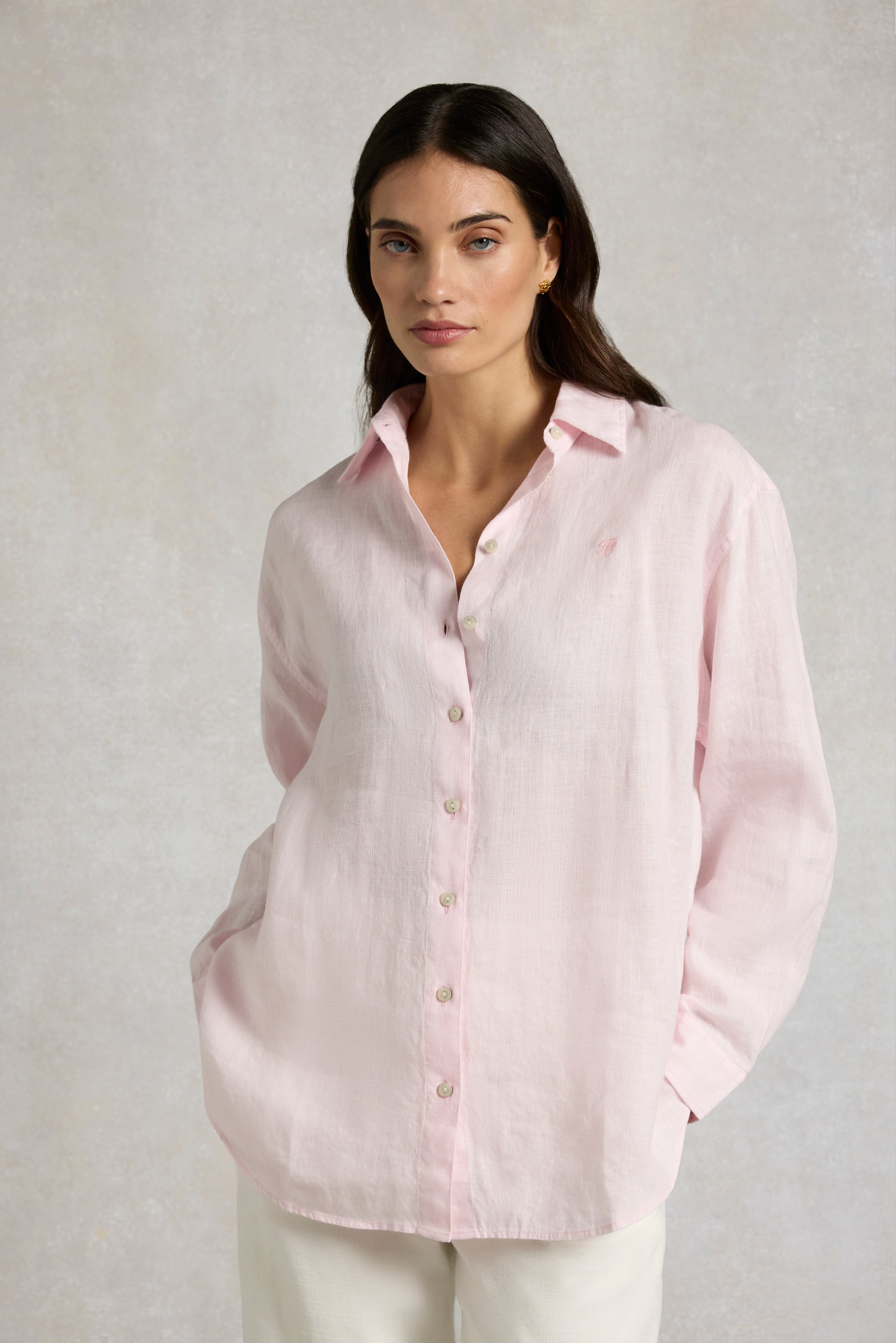 Holland Cooper Amalfi Linen Shirt in Powder Pink Linen