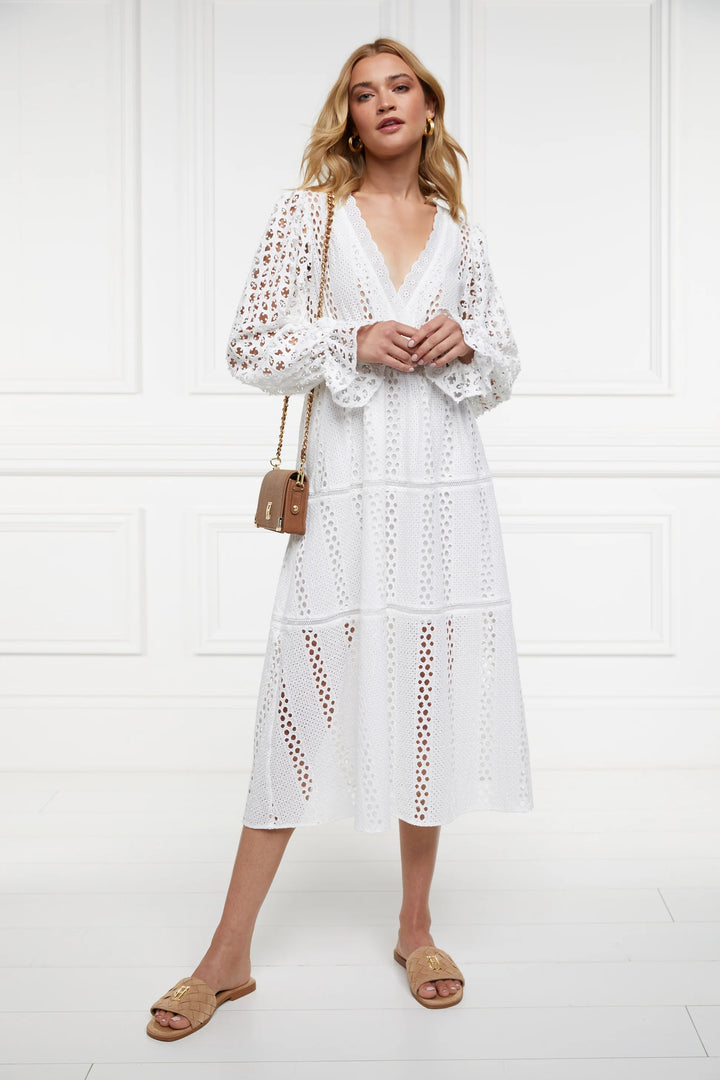 Holland Cooper Broderie Lace V Neck Midi Dress in White | Holland Cooper | Norton Barrie Holland Cooper Broderie Lace V Neck Midi Dress in White | Holland Cooper | Norton Barrie