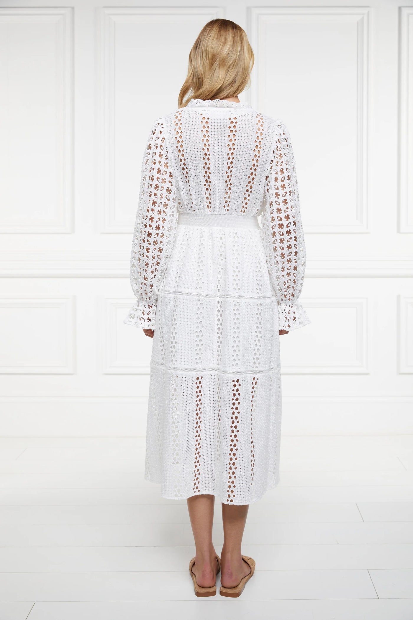 Holland Cooper Broderie Lace V Neck Midi Dress in White | Holland Cooper