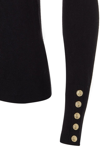 Holland Cooper Buttoned Knit Crew Neck in Black Cuff Detail