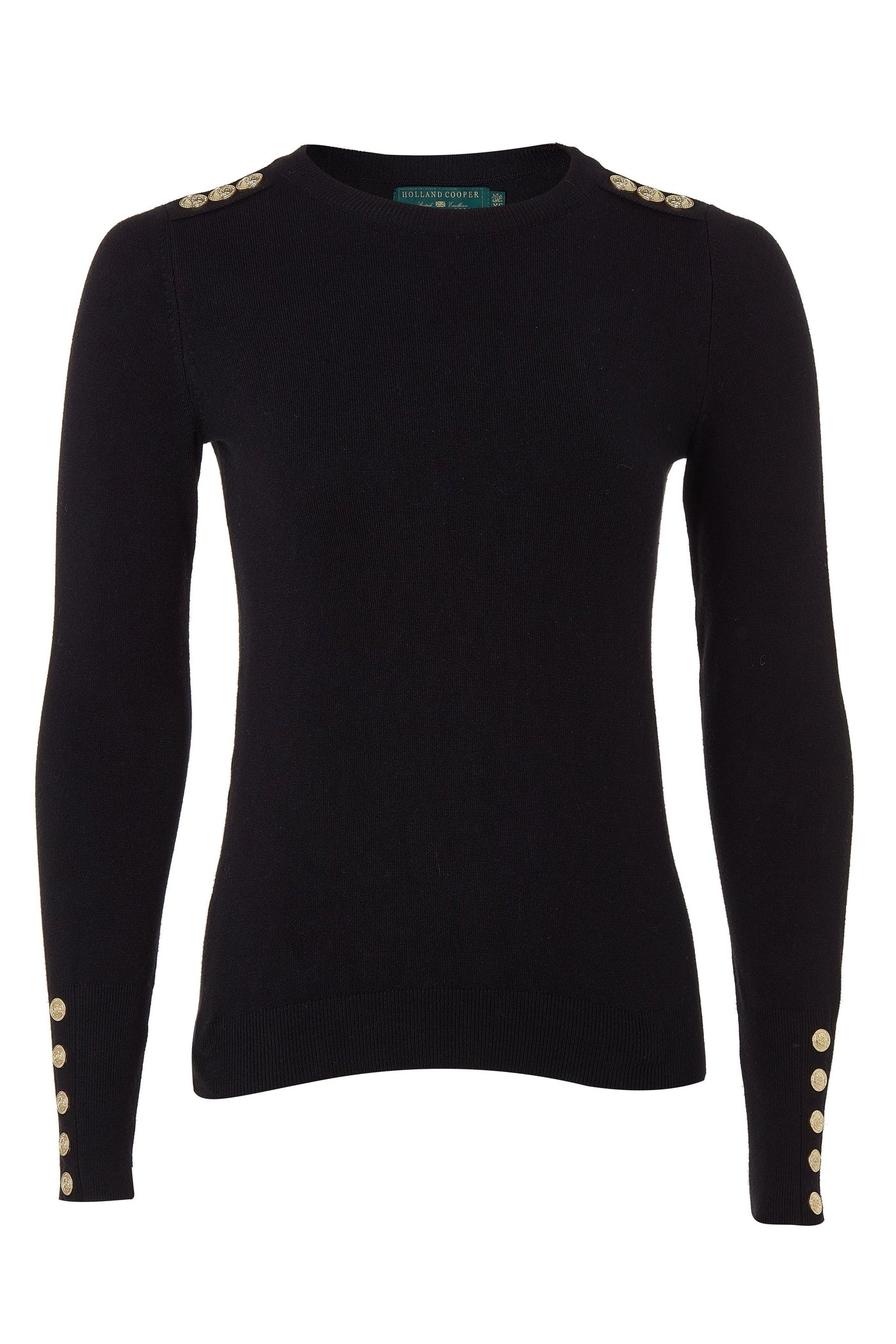 Holland Cooper Buttoned Knit Crew Neck in Black Front