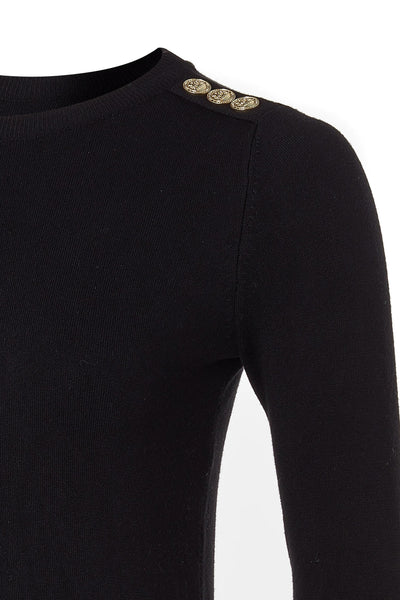 Holland Cooper Buttoned Knit Crew Neck in Black Shoulder Detail