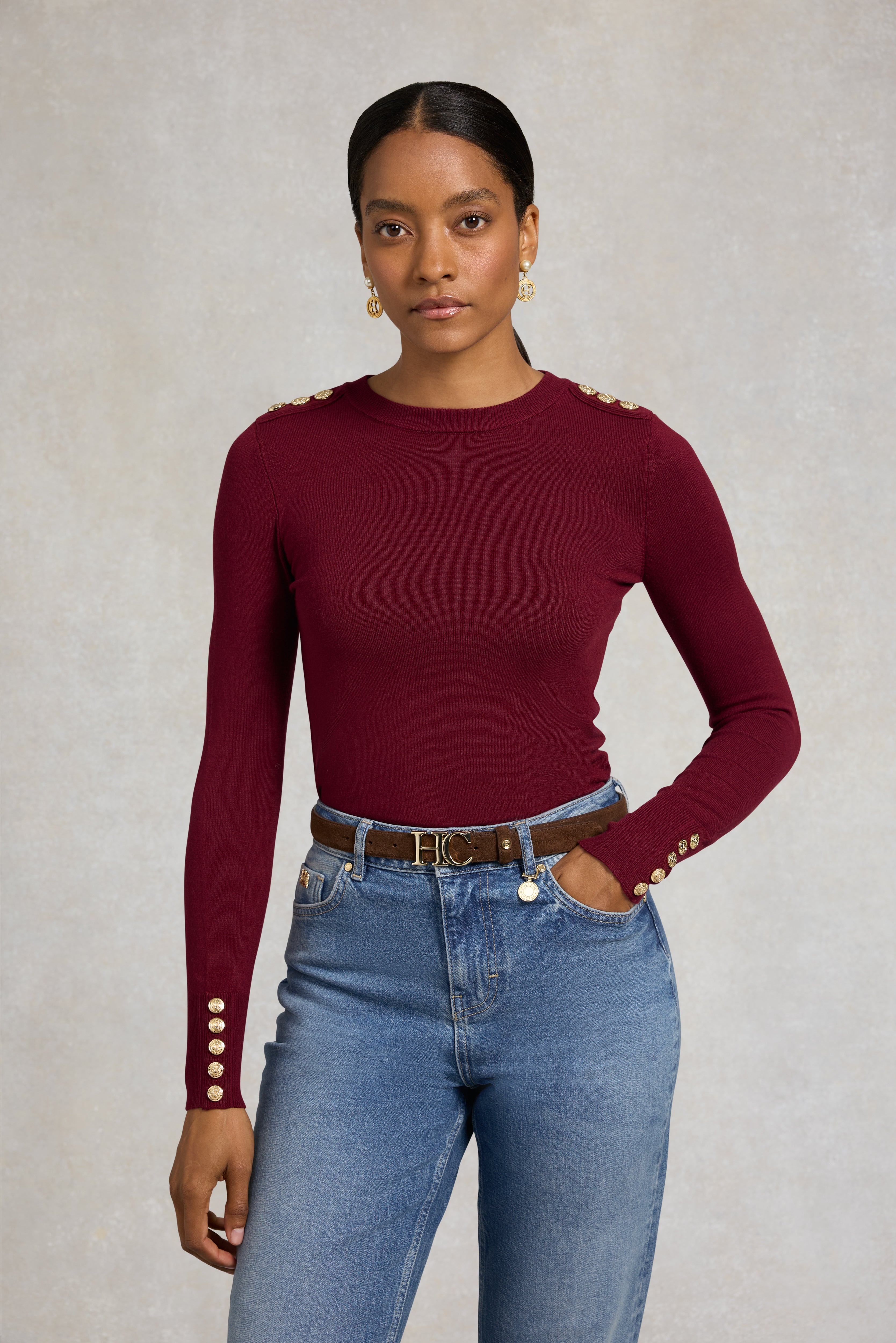 Holland Cooper Buttoned Knit Crew Neck in Wine