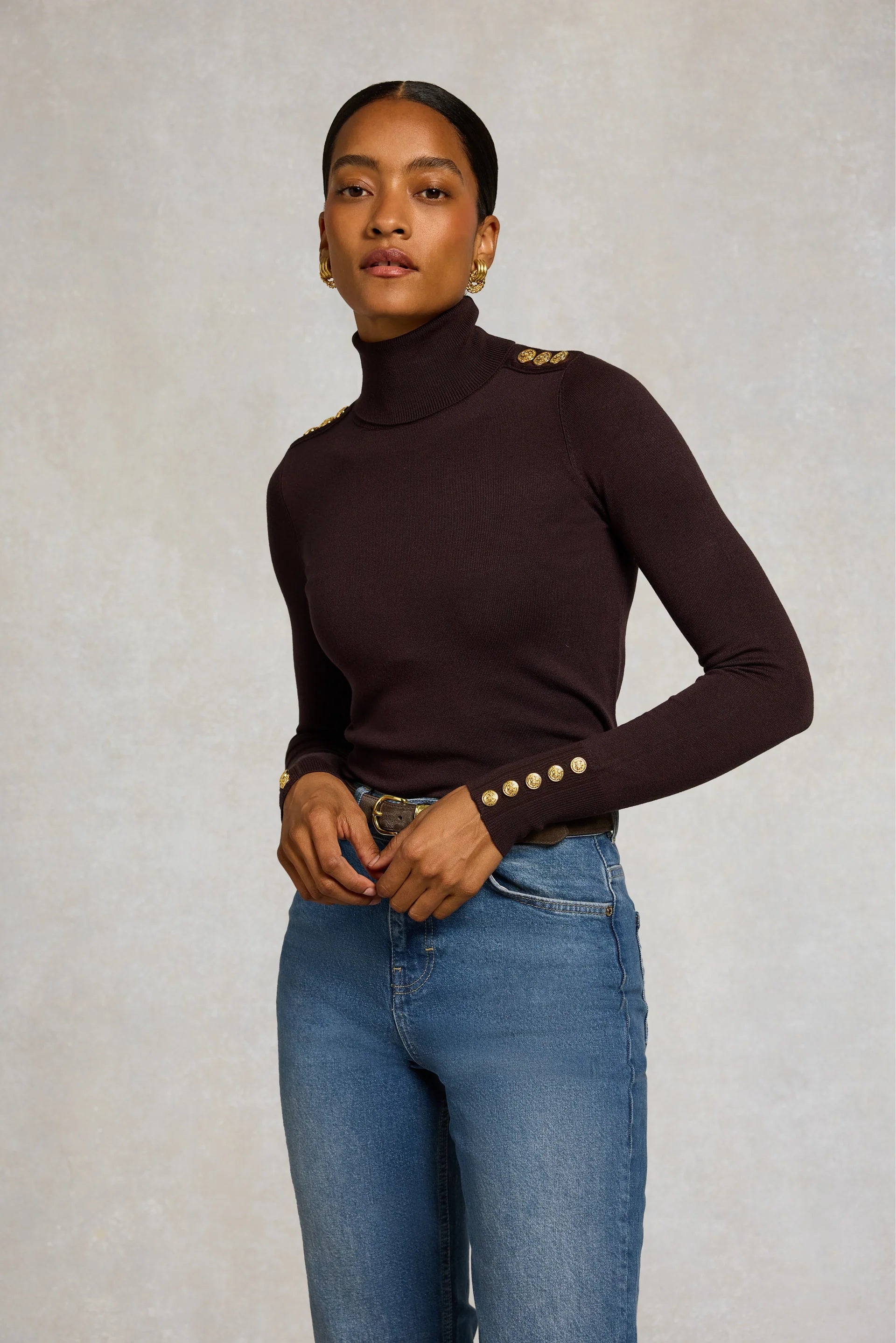 Holland Cooper Buttoned Knit Roll Neck Ladies Knitwear in Chocolate