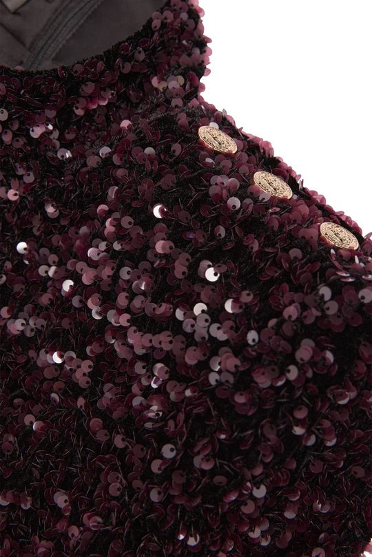 Holland Cooper Cara Sequin Mini Dress in Burgundy Detail