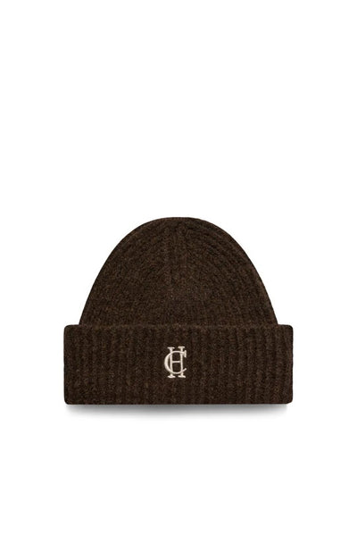 Holland Cooper Classic Embroidered Ladies Beanie Hat in Chocolate Front