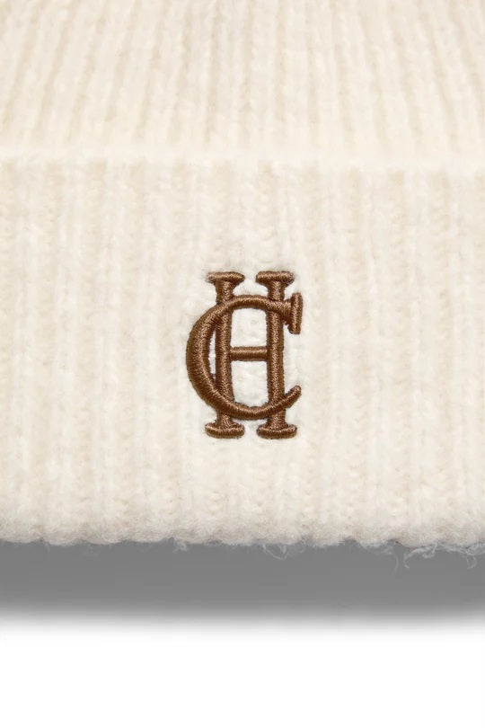 Holland Cooper Classic Embroidered Ladies Beanie Hat in Cream Logo