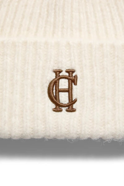 Holland Cooper Classic Embroidered Ladies Beanie Hat in Cream Logo