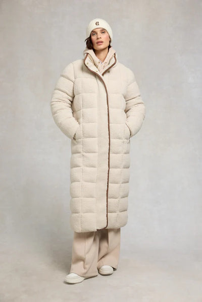 Holland Cooper Classic Embroidered Ladies Beanie Hat in Cream Model