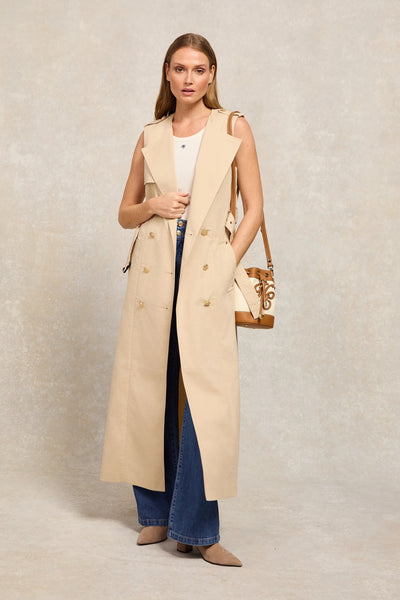 Holland Cooper Collarless Trench Gilet in Stone Model Front