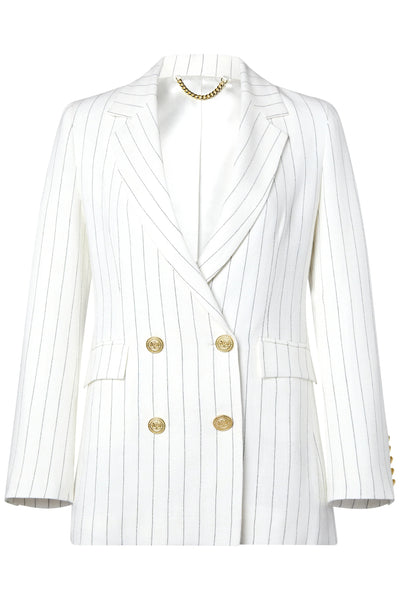 Holland Cooper Double Breasted Blazer in Oyster Linen Pinstripe Front