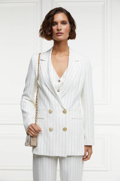 Holland Cooper Double Breasted Blazer in Oyster Linen Pinstripe