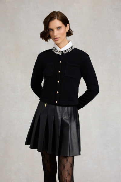 Holland Cooper Faux Leather Pleated Mini Skirt in Black