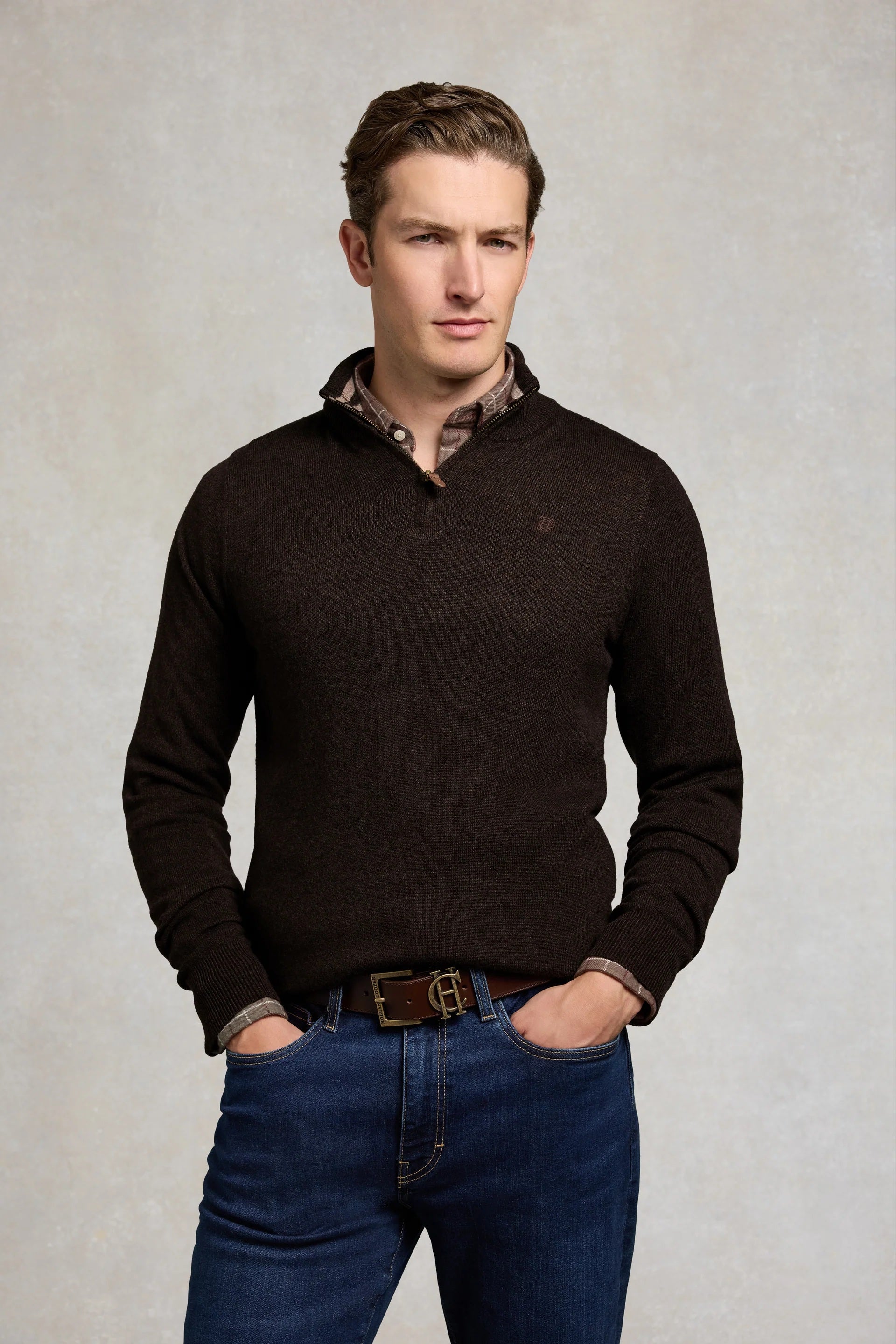 Holland Cooper Fine Quarter Zip Men's Knit in Chocolate