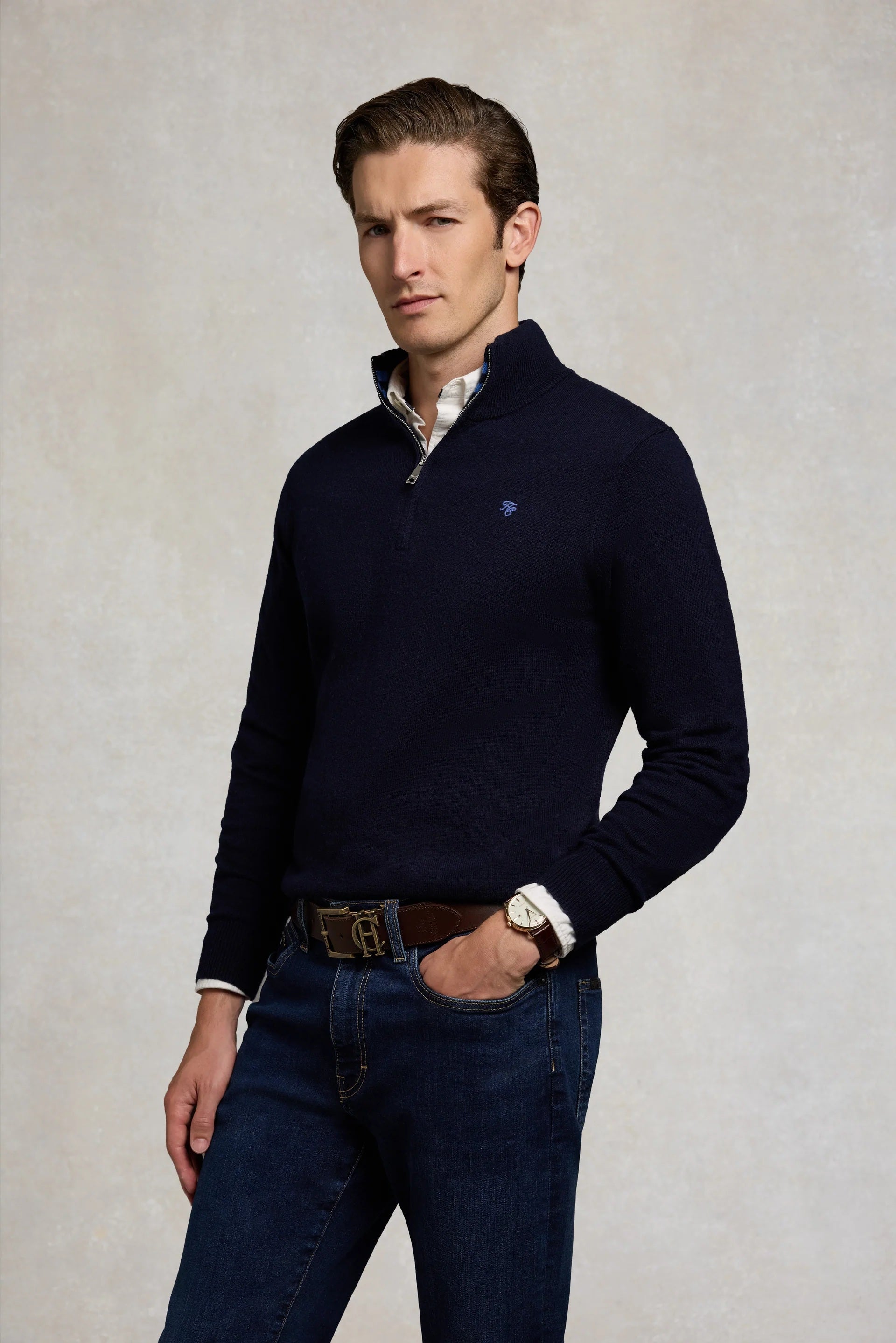 Holland Cooper Fine Quarter Zip Men's Knit in Ink Navy