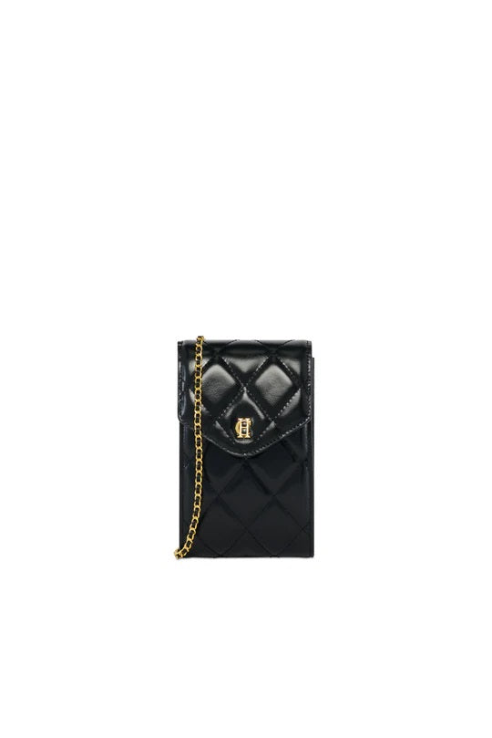Holland Cooper Knightsbridge Quilted Ladies Phone Pouch in Black Leather Front
