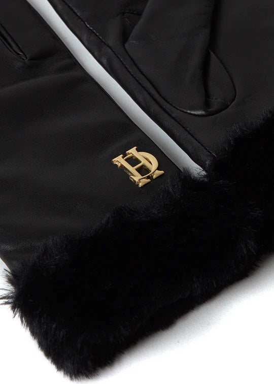 Holland Cooper Lined Faux Trim Leather Gloves in Black Logo