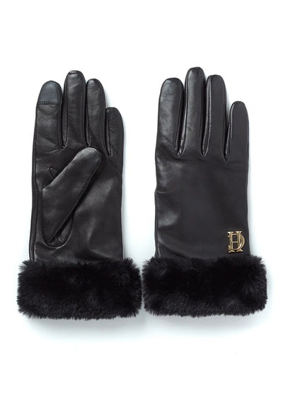 Holland Cooper Lined Faux Trim Leather Gloves in Black Pair