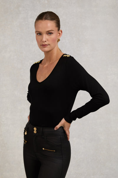 Holland Cooper Long Sleeve V Neck Tee in Black