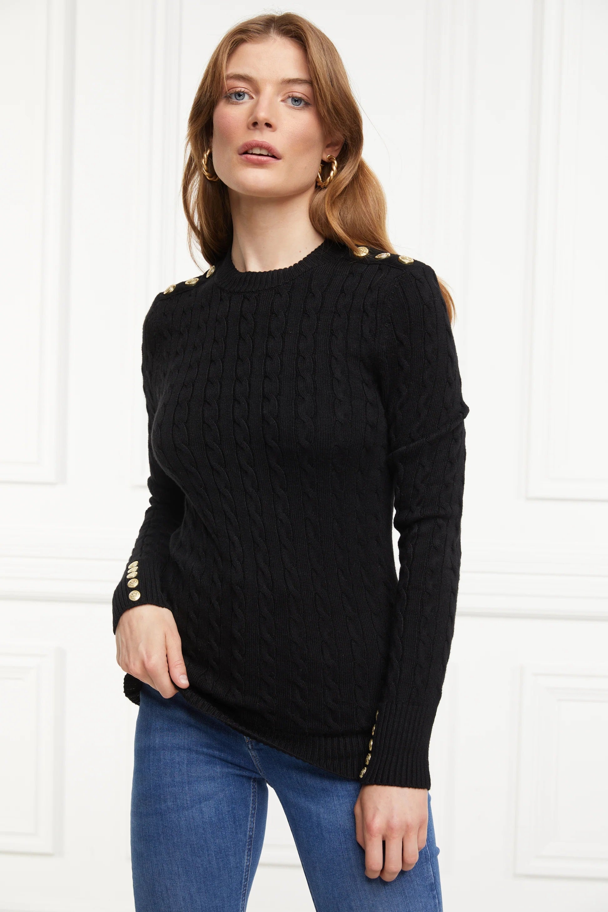 Holland Cooper Seattle Cable Crew Knitwear in Black